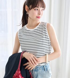 RANAN（ラナン）の「ひんやり！＜BC＞綿100％タンクトップ【選べる着丈】（カットソー）」｜白系ボーダー