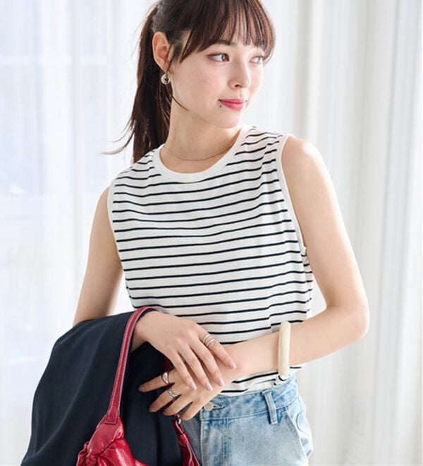 RANAN（ラナン）の「ひんやり！＜BC＞綿100％タンクトップ【選べる着丈】（カットソー）」｜白系ボーダー
