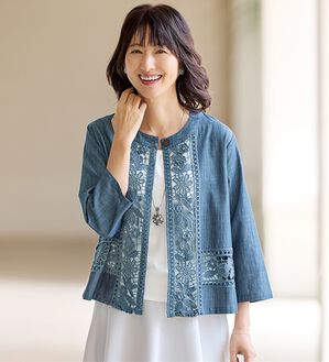 BELLUNA（ベルーナ）の「＜上品な大人カジュアル！＞綿１００％デニムレース切替ジャケット（その他ジャケット）」｜インディゴ