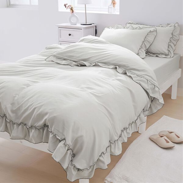 iellio（イエリオ）の「大人かわいいダブルフリル付布団カバーリング＜掛け布団カバー・ボックスシーツ・枕カバー・ずれにくい・オールシーズン・淡色＞（敷布団カバー・シーツ）」｜グレー