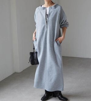 RANAN（ラナン）の「裏起毛ハーフジップワンピース（ロングワンピース）」｜グレー