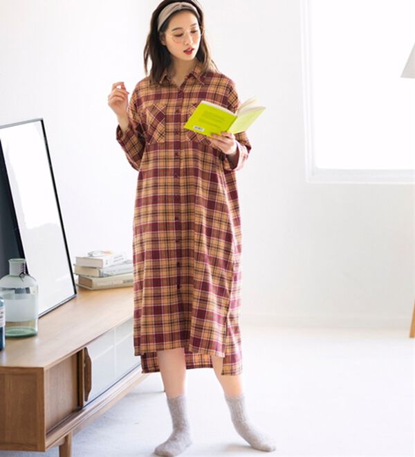 YU'NOW（ユナウ）の「ビエラチェックシャツワンピース（パジャマ・ルームウェア）」｜オレンジ