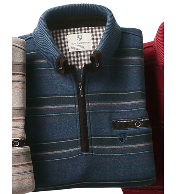 「＜ニコル　モリソン＞暖か衿デザイントレーナー　ボーダー（メンズトレーナー）」｜ネイビー(ボーダー)