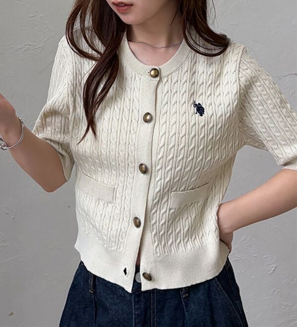 POLO RRL ローレンラルフローレン ケーブルニット 刺繍 金ボタン 半袖 U．S．POLO ASSN．＞ゴールドボタン半袖刺繍ケーブルニット