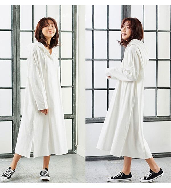 RANAN（ラナン）の「【吸水速乾】綿100％ヘンリーネックパーカーワンピース（長袖）（カットソーワンピース）」｜オフホワイト