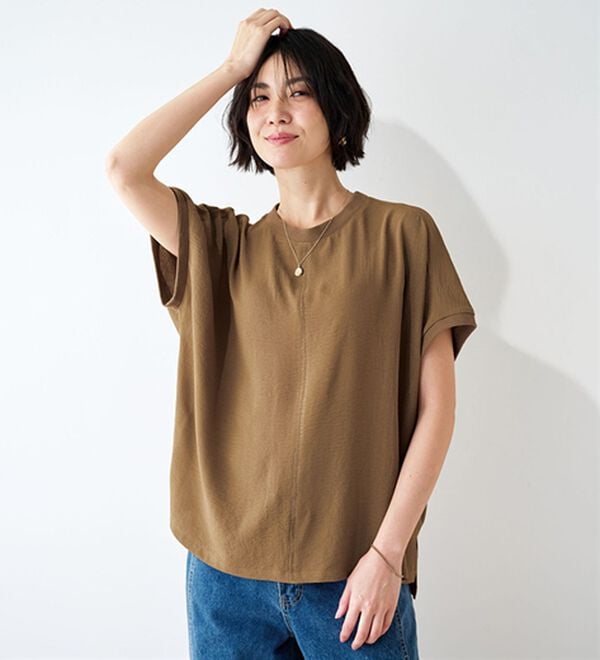 BELLUNA（ベルーナ）の「ビンテージ調素材リブ使いゆったりブラウス（ブラウス）」｜キャメル