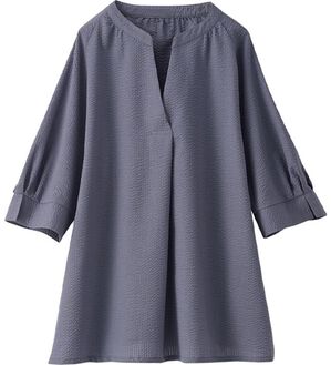 BELLUNA（ベルーナ）の「サッカー素材スキッパーブラウス（ブラウス）」｜ブルーグレー