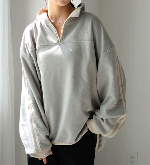 未使用 ゼロハリバートン ハイブリッドスウェットブルゾン 長袖 グレー L L～6L】【ハピぽか裏起毛】ライン使いハーフZIPスウェット 毛玉
