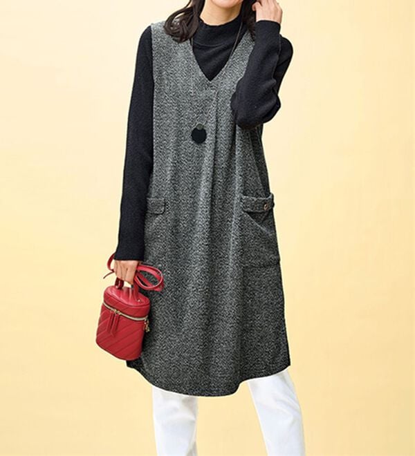 BELLUNA（ベルーナ）の「ツイード調タック使いジャンパースカート（チュニックワンピース）」｜黒系