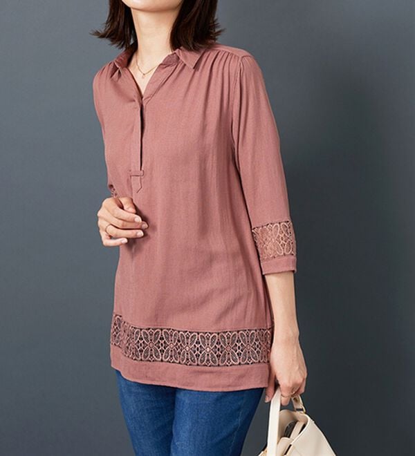 BELLUNA（ベルーナ）の「袖＆裾レースデザインシャツチュニック（チュニック）」｜詳細画像