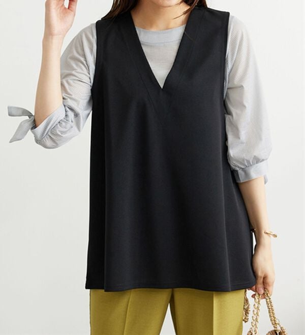 BELLUNA（ベルーナ）の「【2点セット】ストライプシャツ&times;ベストアンサンブル（アンサンブル）」｜詳細画像