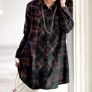 BELLUNA（ベルーナ）の「ウール混ガーゼ素材先染チェック切替オーバーブラウス（チュニック）」｜詳細画像