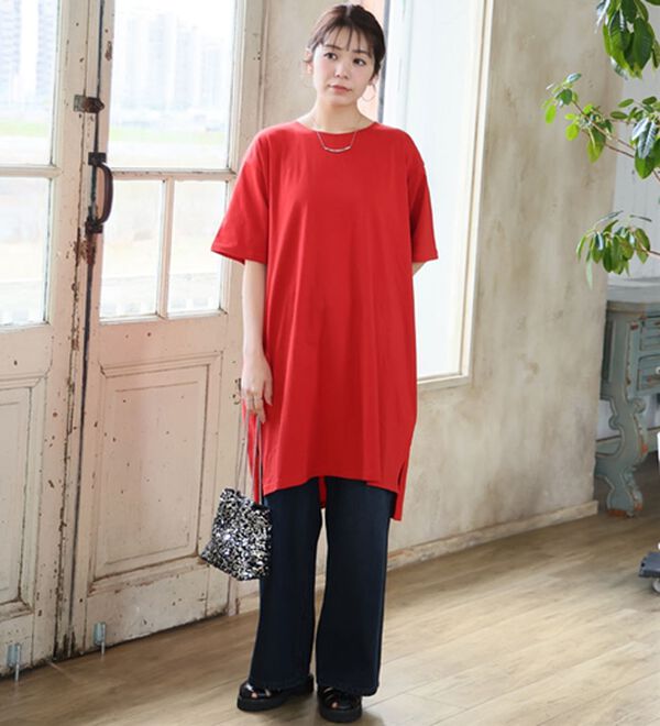 A HAPPY MARILYN（アハッピーマリリン）の「【Ｌ～１０Ｌ】選べる２丈！綿１００％ストンと楽ちん！着心地さらりゆるＴワンピース＆チュニック（チュニック）」｜詳細画像