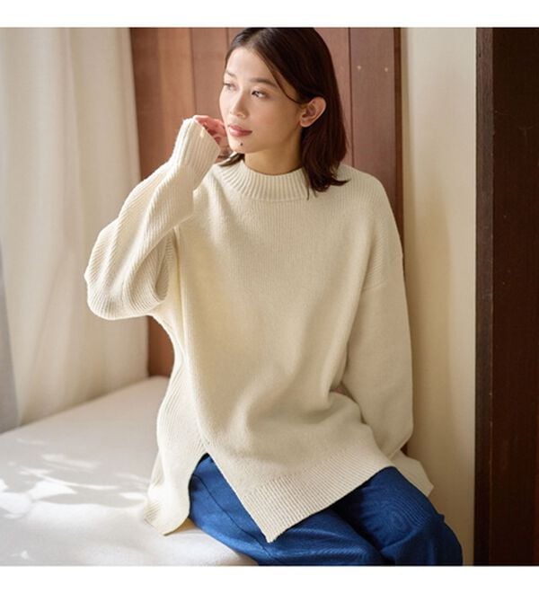 shéller ✨新品✨サイドリボンハイネックセーター ニット ウール100% 毛玉になりにくい・静電気防止】サイドスリットハイネックニット