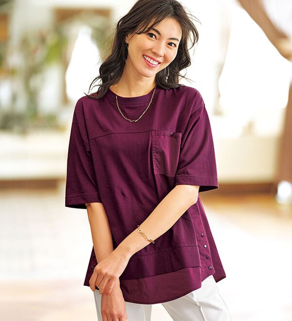 BELLUNA（ベルーナ）の「異素材切替裾ボタンデザインプルオーバー（カットソー）」｜詳細画像