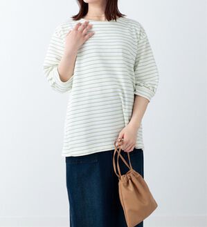 BELLUNA（ベルーナ）の「リップルボーダー袖タックプルオーバー（カットソー）」｜オフ白&times;グリーン