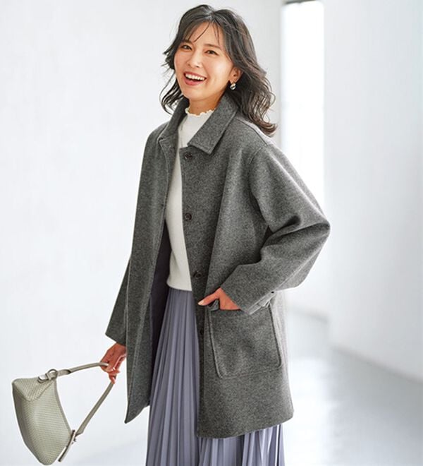 BELLUNA（ベルーナ）の「ウール調ステンカラーコート（ハーフコート）」｜杢グレー