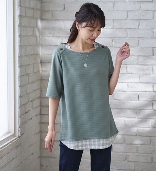 BELLUNA（ベルーナ）の「ひんやり冷感！タックジャカード素材重ね着風プルオーバー（カットソー）」｜詳細画像