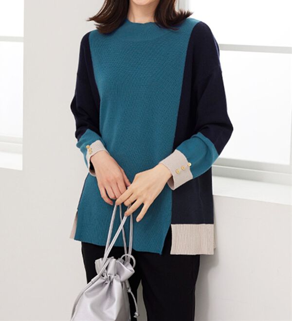 BELLUNA（ベルーナ）の「配色デザイン編地切替ニットプルオーバー（ニット・セーター）」｜詳細画像