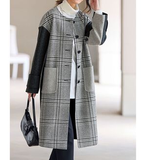 BELLUNA（ベルーナ）の「ウール混先染チェック切替デザインコート（ロングコート）」｜ライトグレー系