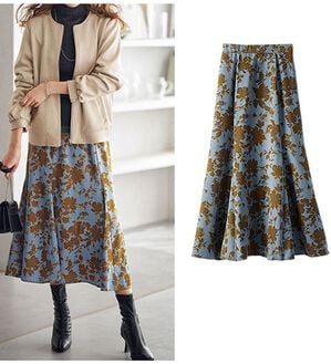 BELLUNA（ベルーナ）の「デシンプリント切替フレアースカート（ロングスカート）」｜ブルー系大花柄