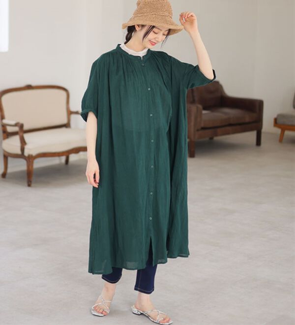 A HAPPY MARILYN（アハッピーマリリン）の「【Ｌ～６Ｌ】【風通るプレミアム】綿１００％ 楊柳 五分袖 ギャザーたっぷりワンピース（カットソーワンピース）」｜詳細画像