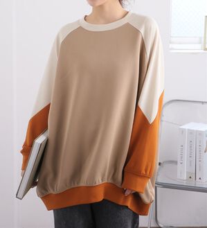 A HAPPY MARILYN（アハッピーマリリン）の「【３Ｌ～６Ｌ】厚すぎないのが着やすい！！配色デザインポンチスウェットトップス（トレーナー・スウェット）」｜グレージュ&times;キャメル系
