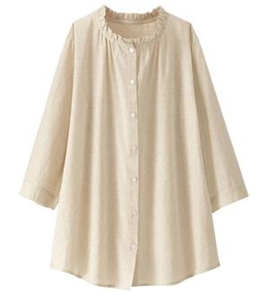 BELLUNA（ベルーナ）の「オーガニックコットン１００％フリル衿ブラウス（チュニック）」｜ベージュストライプ