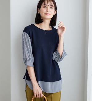 BELLUNA（ベルーナ）の「ラメ調素材シャツフェイクチュニック（チュニック）」｜ネイビー