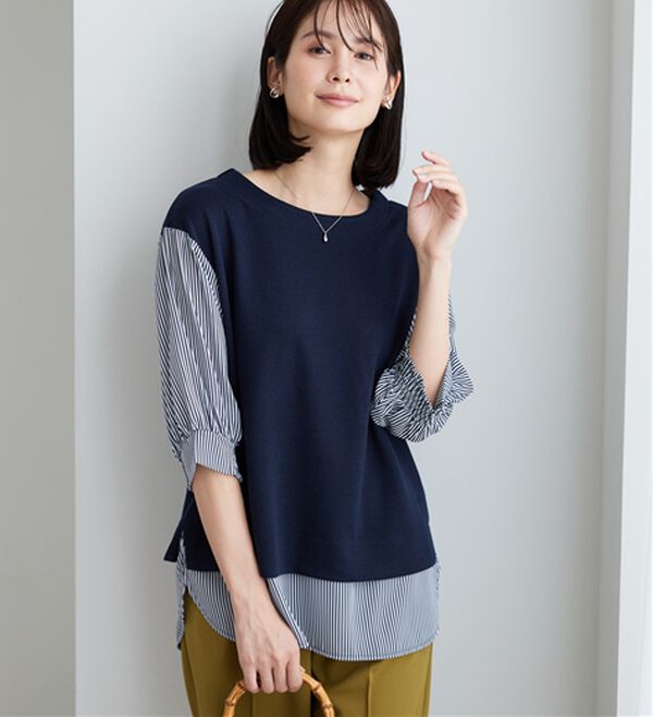 BELLUNA（ベルーナ）の「ラメ調素材シャツフェイクチュニック（チュニック）」｜ネイビー