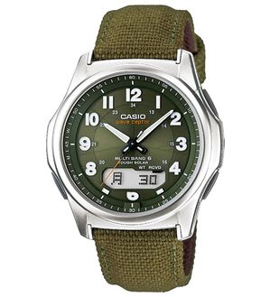 「カシオ　ソーラー電波時計（メンズ腕時計）」｜ナイロンバンド グリーン