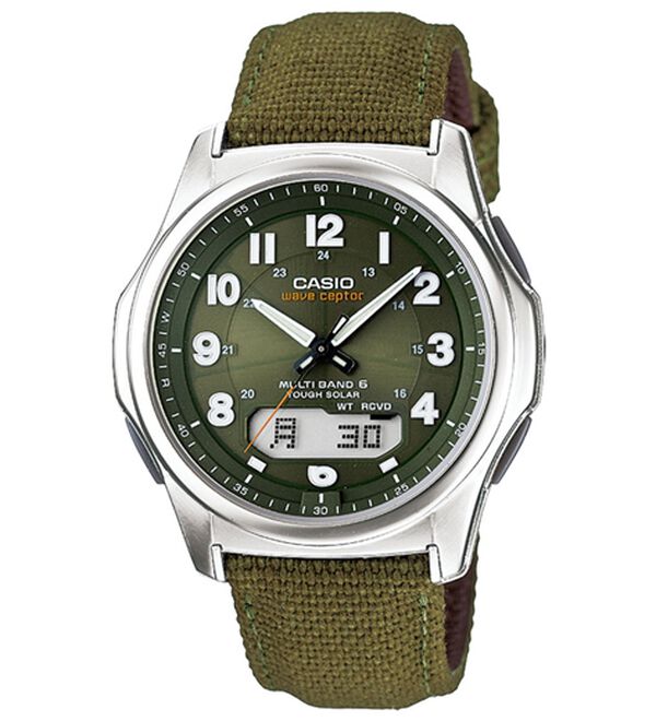 「カシオ　ソーラー電波時計（メンズ腕時計）」｜ナイロンバンド グリーン