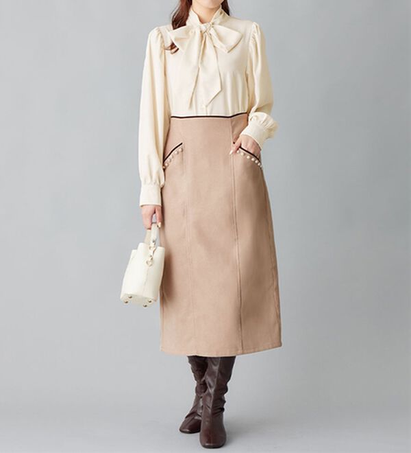 alotta（アロッタ）の「パール調ボタン付配色タイトスカート（ロングスカート）」｜詳細画像