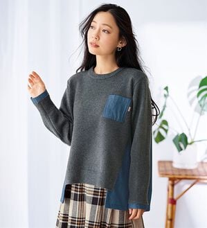 BELLUNA（ベルーナ）の「＜＆ｃｏｃｏｃｈｉ＞ふんわりニットのデニム切替プルオーバー（ニット・セーター）」｜グレー&times;ブルー