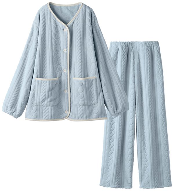 YU'NOW（ユナウ）の「【上下２点セット】ケーブルニット風もこもこカーディガンセット（パジャマ・ルームウェア）」｜詳細画像