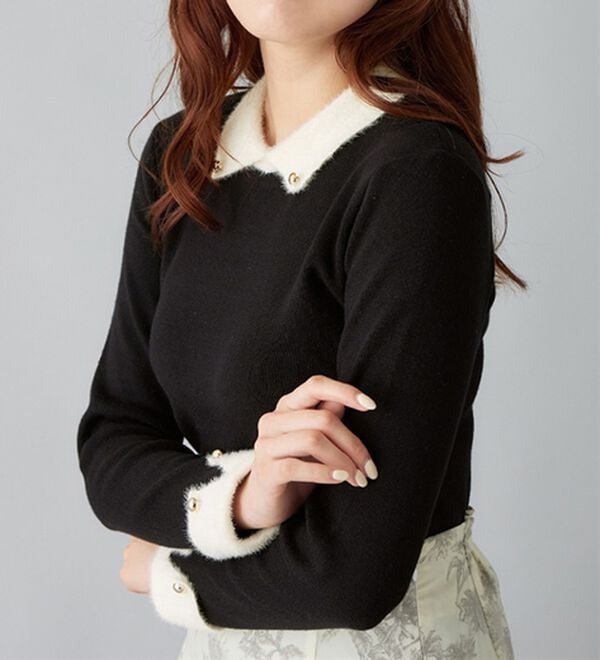 alotta（アロッタ）の「洗える！もっちりタッチ衿付フェザー切替配色ニット（ニット・セーター）」｜詳細画像