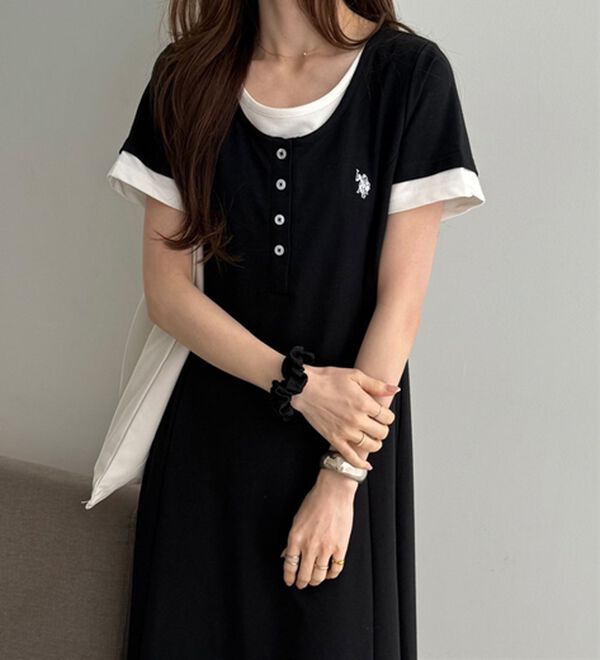 GeeRA（ジーラ）の「【ＵＳ．ＰＯＬＯ．ＡＳＳＮ】レイヤード風ヘンリーネック半袖ワンピース（カットソーワンピース）」｜詳細画像