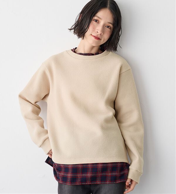 Viola e Viola（ヴィオラ エ ヴィオラ）の「あったか裏起毛異素材切替ニットソートップス（カットソー）」｜カフェオレ系