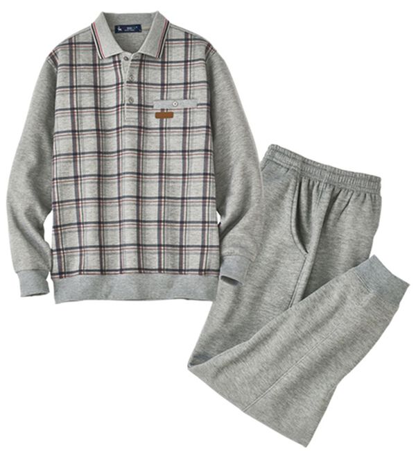 「【２着組】＜カルビア＞きちんと着られるポロ衿ホームスーツ（メンズルームウェア）」｜詳細画像