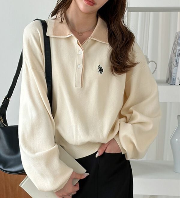 GeeRA（ジーラ）の「【Ｕ．Ｓ．ＰＯＬＯ　ＡＳＳＮ．】バイカラーポロ衿ニット（ニット・セーター）」｜アイボリー