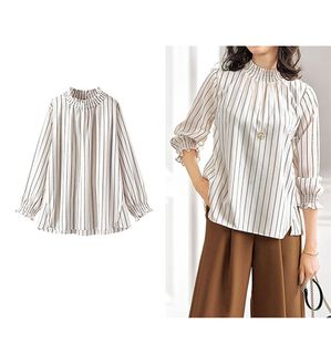 BELLUNA（ベルーナ）の「シャーリングデザイン美人顔ブラウス（ブラウス）」｜オフ白ストライプ