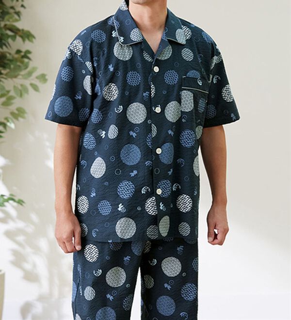 「【２着組】日本製綿１００％涼感和柄パジャマ（半袖）（メンズルームウェア）」｜詳細画像