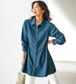 BELLUNA（ベルーナ）の「シャーリング使いデニムシャツチュニック（チュニック）」｜ケミカル