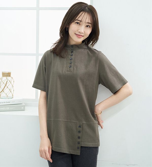 BELLUNA（ベルーナ）の「汗染み対策！綿１００％多ボタンハイネックＴシャツ（カットソー）」｜詳細画像