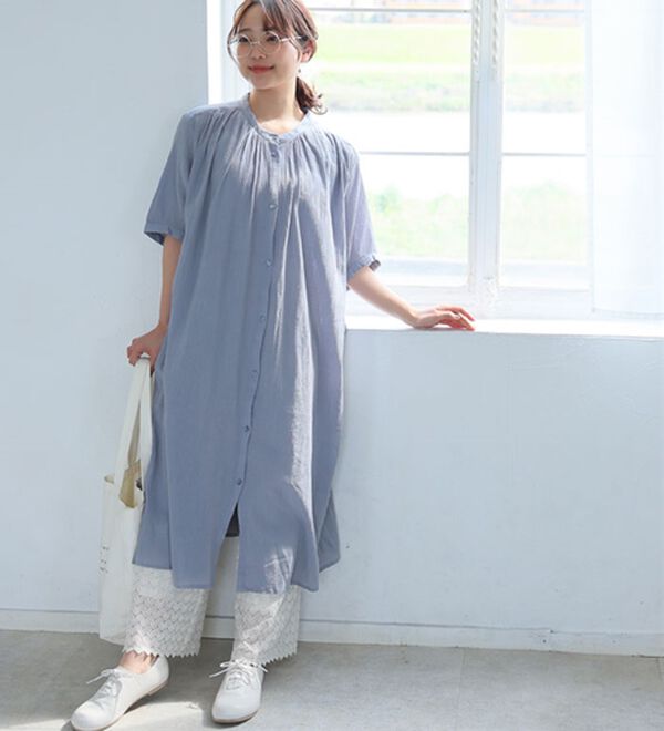 A HAPPY MARILYN（アハッピーマリリン）の「【Ｌ～６Ｌ】【風通るプレミアム】綿１００％ 楊柳 五分袖 ギャザーたっぷりワンピース（カットソーワンピース）」｜詳細画像