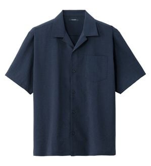 「リネンタッチワンタックワイドパンツ・オープンカラーワイドシャツ（メンズシャツ）」｜ネイビー シャツ