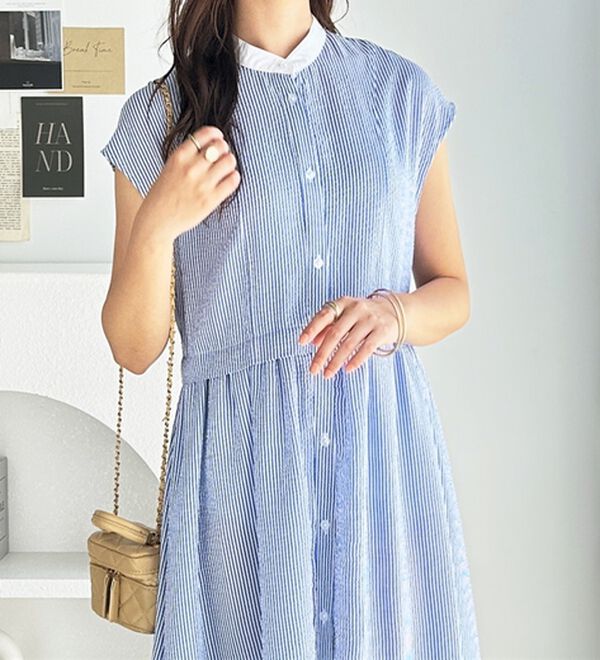 GeeRA（ジーラ）の「クレリック配色ウエストギャザーシャツワンピ―ス（シャツワンピース）」｜詳細画像