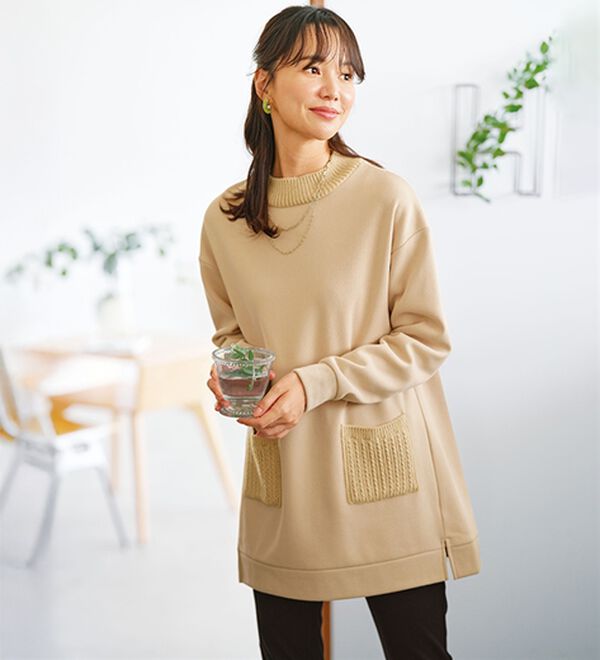 BELLUNA（ベルーナ）の「裏起毛素材ニット切替チュニック（チュニック）」｜ベージュ