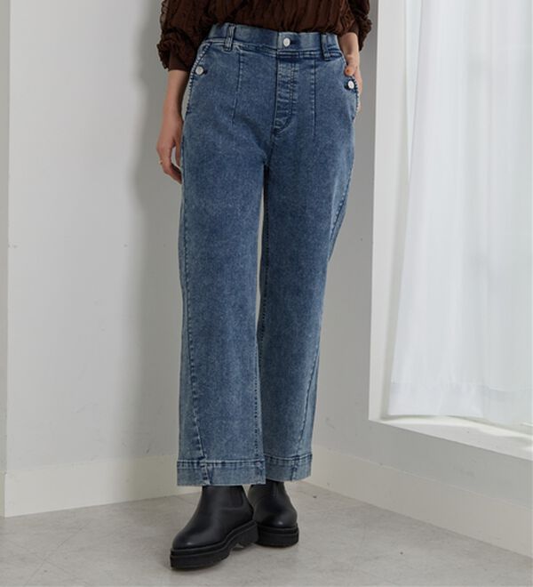 BELLUNA（ベルーナ）の「【選べる2丈】裾切替デザインワイドストレートデニム（ワイドパンツ・ガウチョ）」｜詳細画像