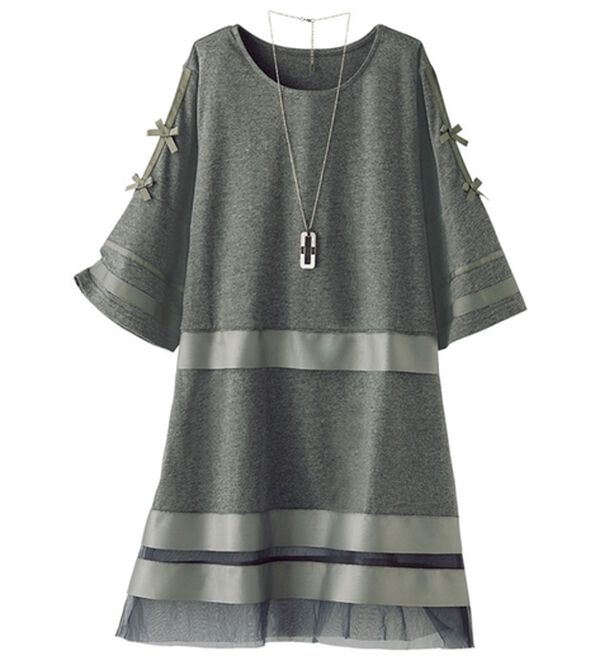 BELLUNA（ベルーナ）の「グログラン使いリボンデザインカットソーチュニック（チュニック）」｜チャコール